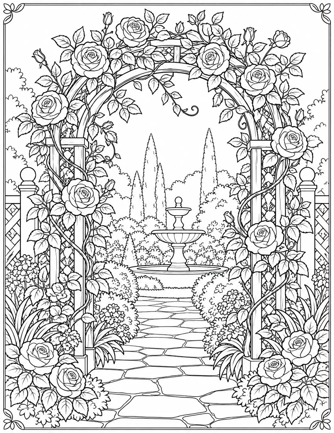 Rose garden arch coloring page for adults