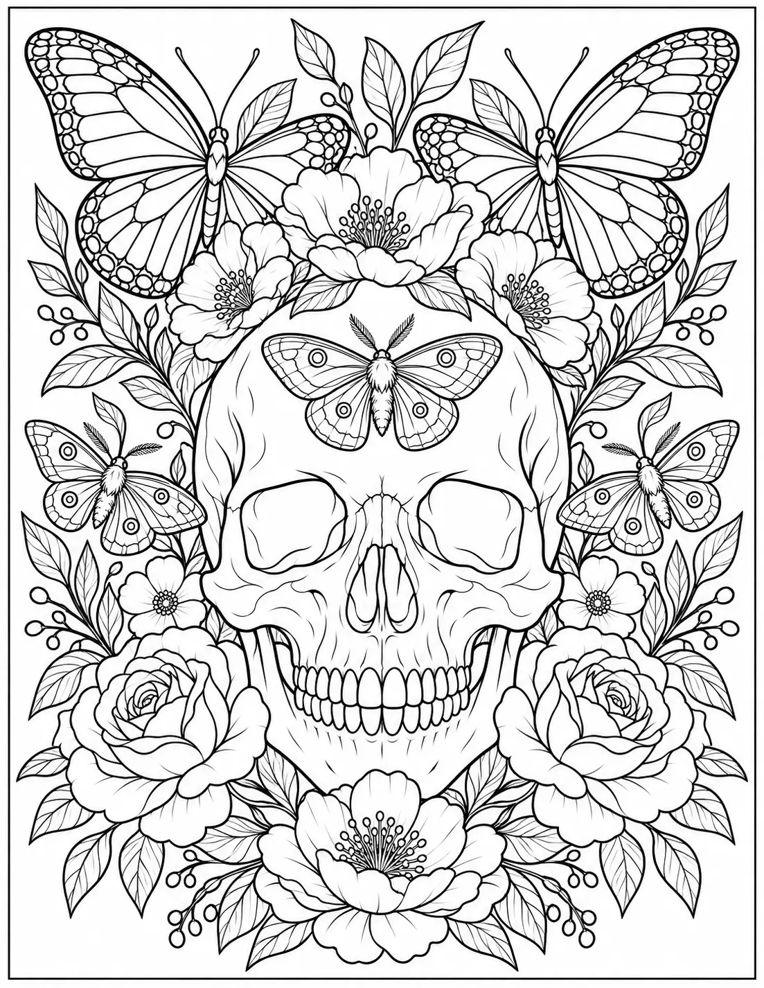 Butterfly skull coloring page with flowers for adults