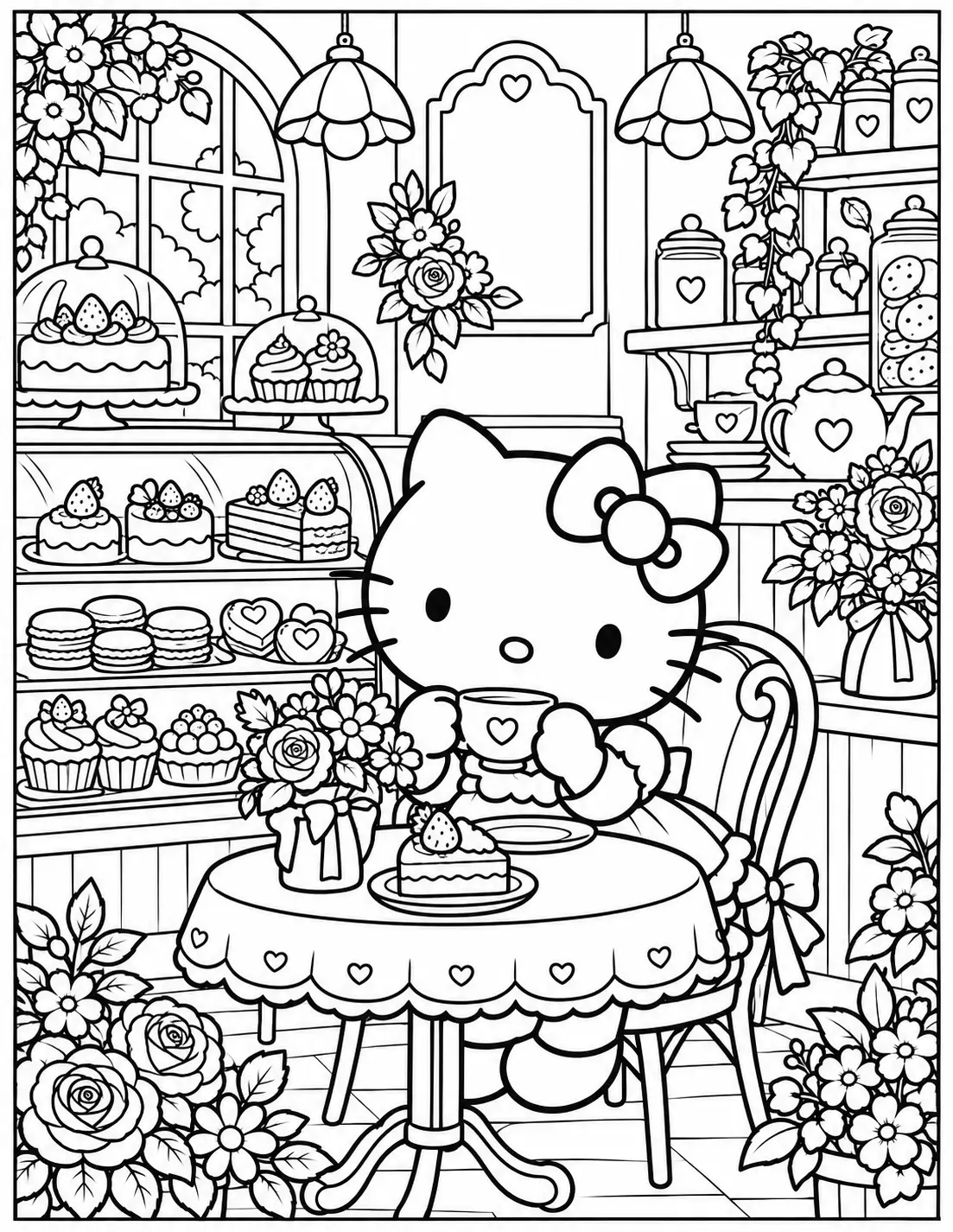 Hello Kitty cafe scene coloring page for adults