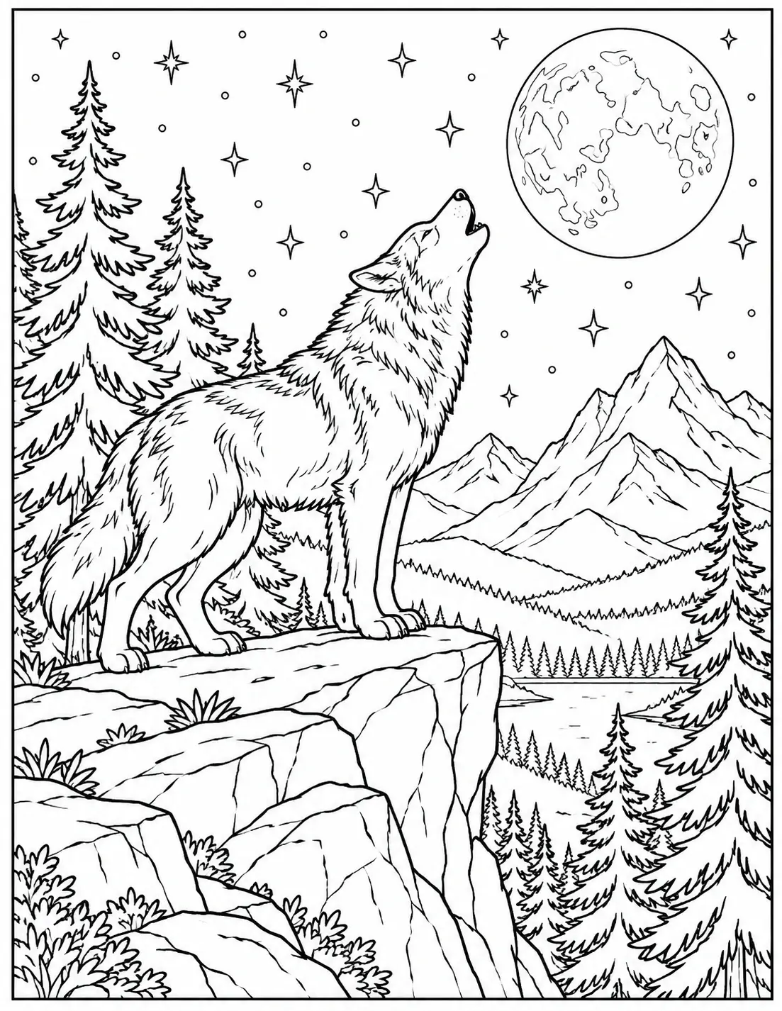 Howling wolf on a cliff beneath the moon and stars with mountain forest coloring page