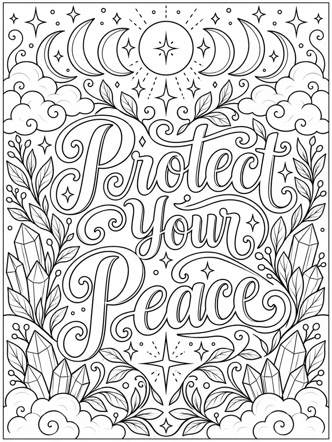 Protect Your Peace quote coloring page with moons, stars, clouds, and crystals