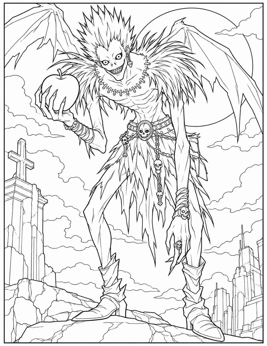Ryuk holding an apple with wings visible coloring page