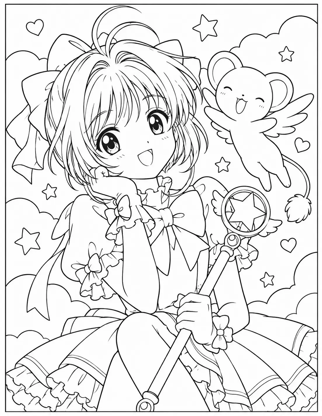 Sakura smiling with Kero flying beside her among stars and clouds