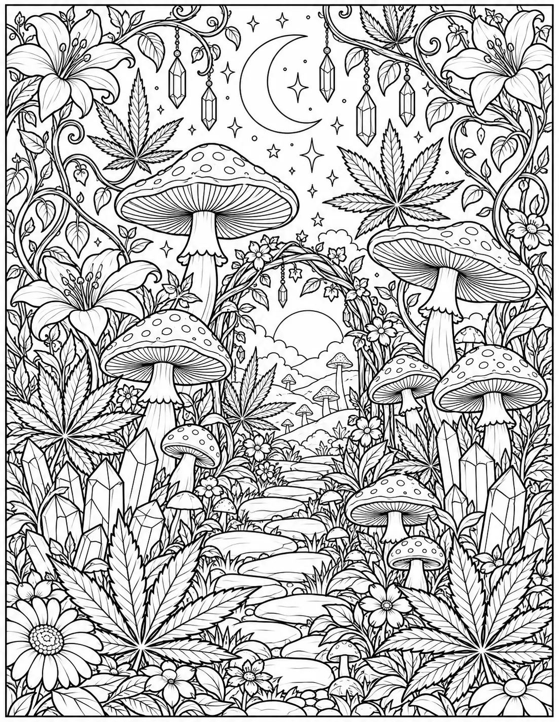 Psychedelic mushroom garden with cannabis leaves coloring page