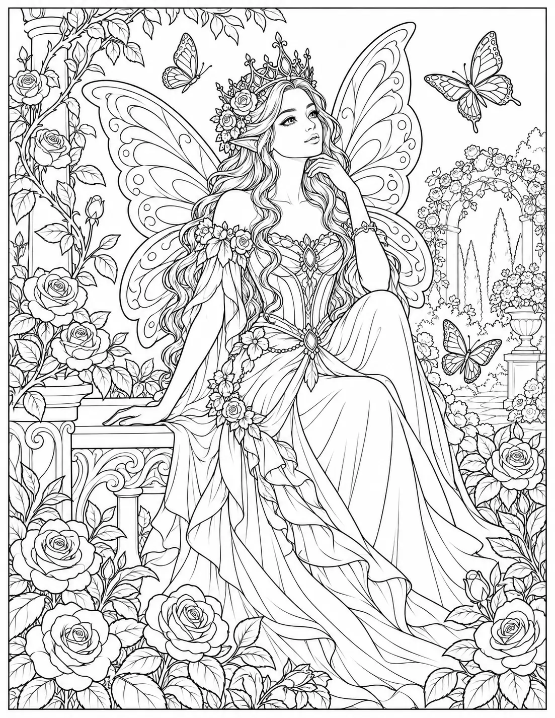 Fairy Queen in the Rose Garden coloring page for adults