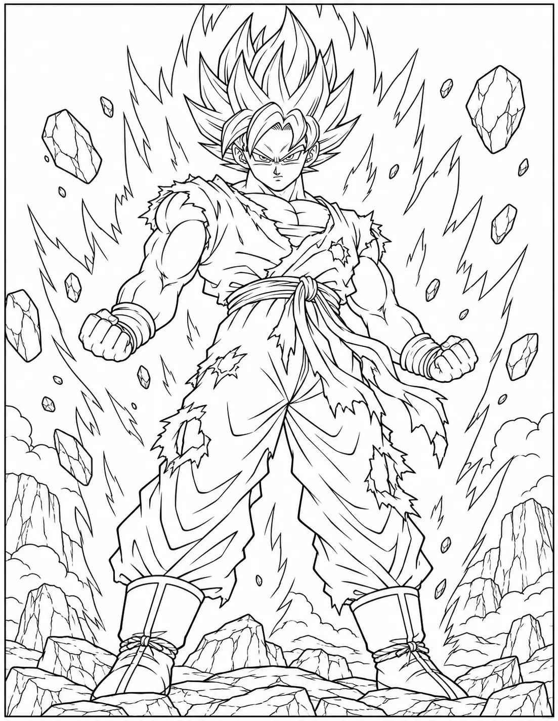 Super Saiyan Goku powering up with an energy aura coloring page