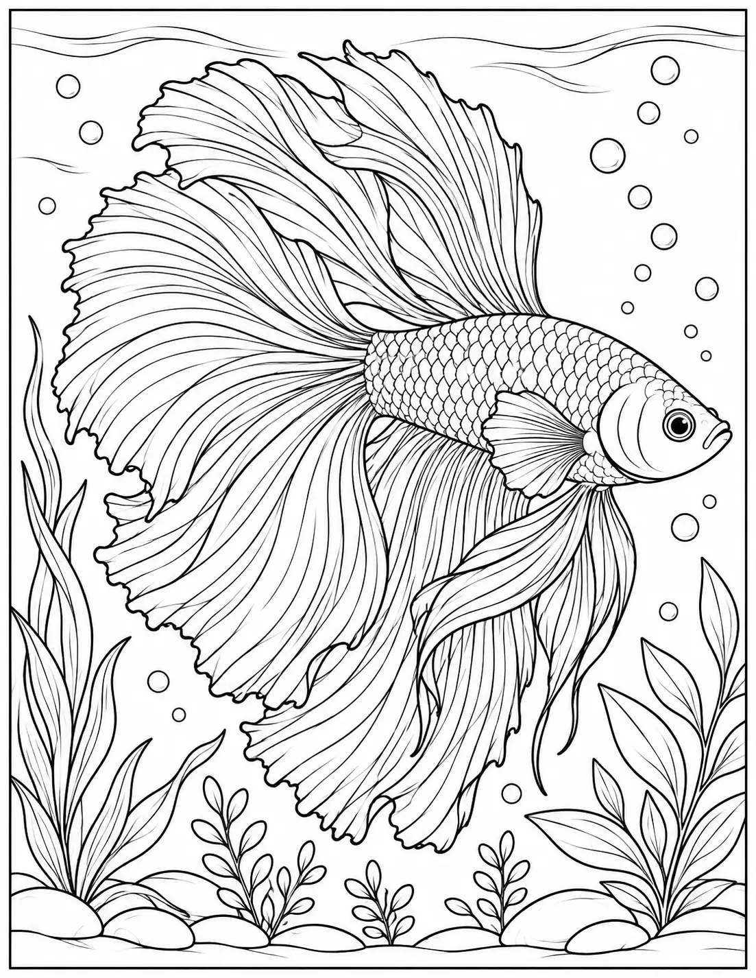 Betta fish with long flowing fins coloring page for adults
