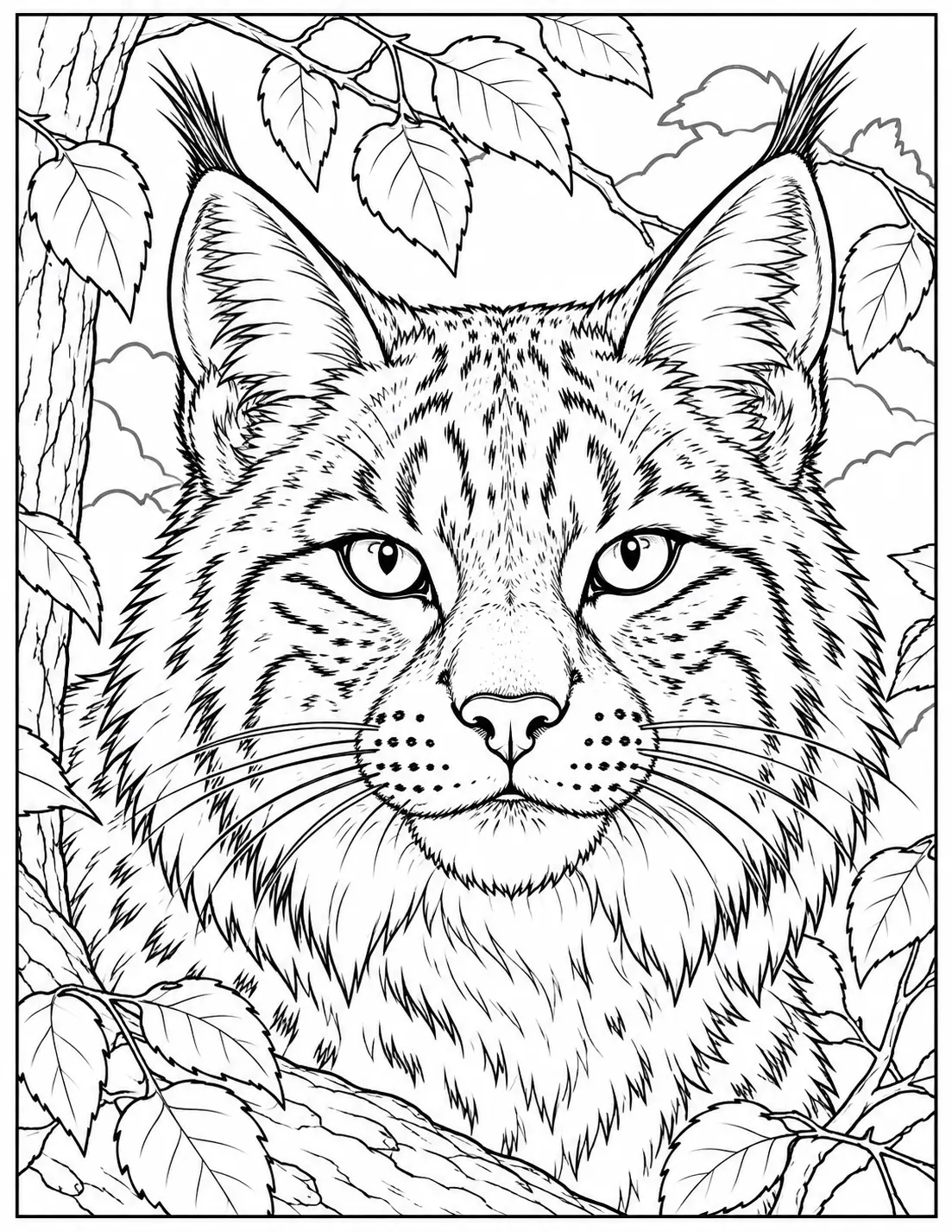 Close-up bobcat face with tufted ears and whiskers coloring page