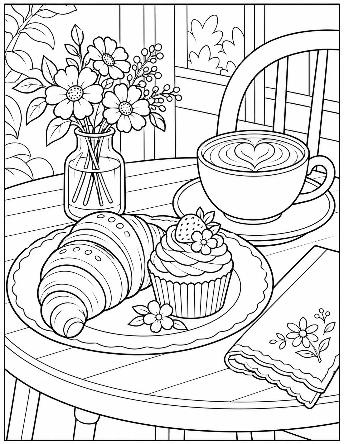 Coffee and pastry table coloring page for adults with a coffee cup, croissant, cupcake, and flowers