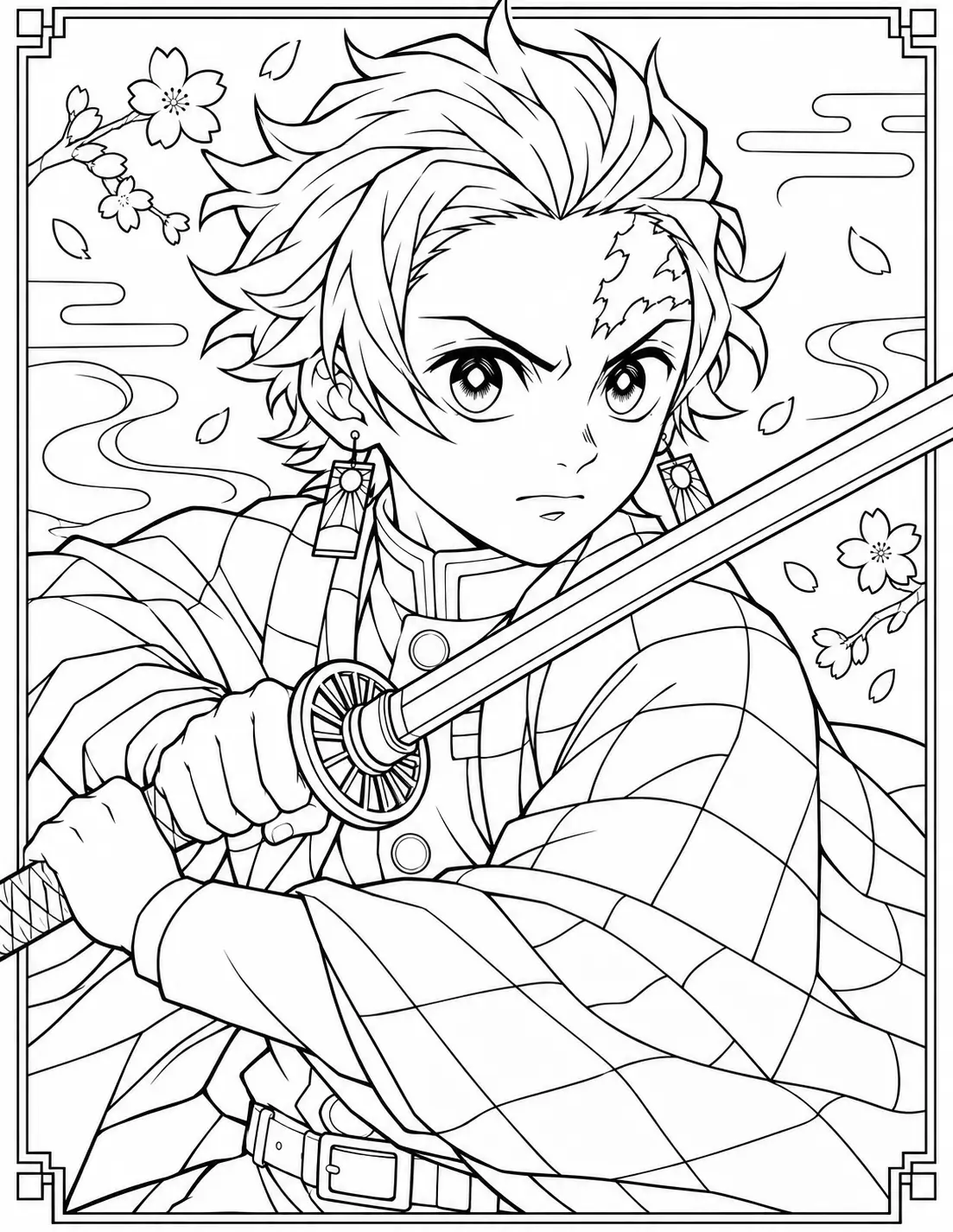 Tanjiro Kamado sword close-up with falling petals coloring page