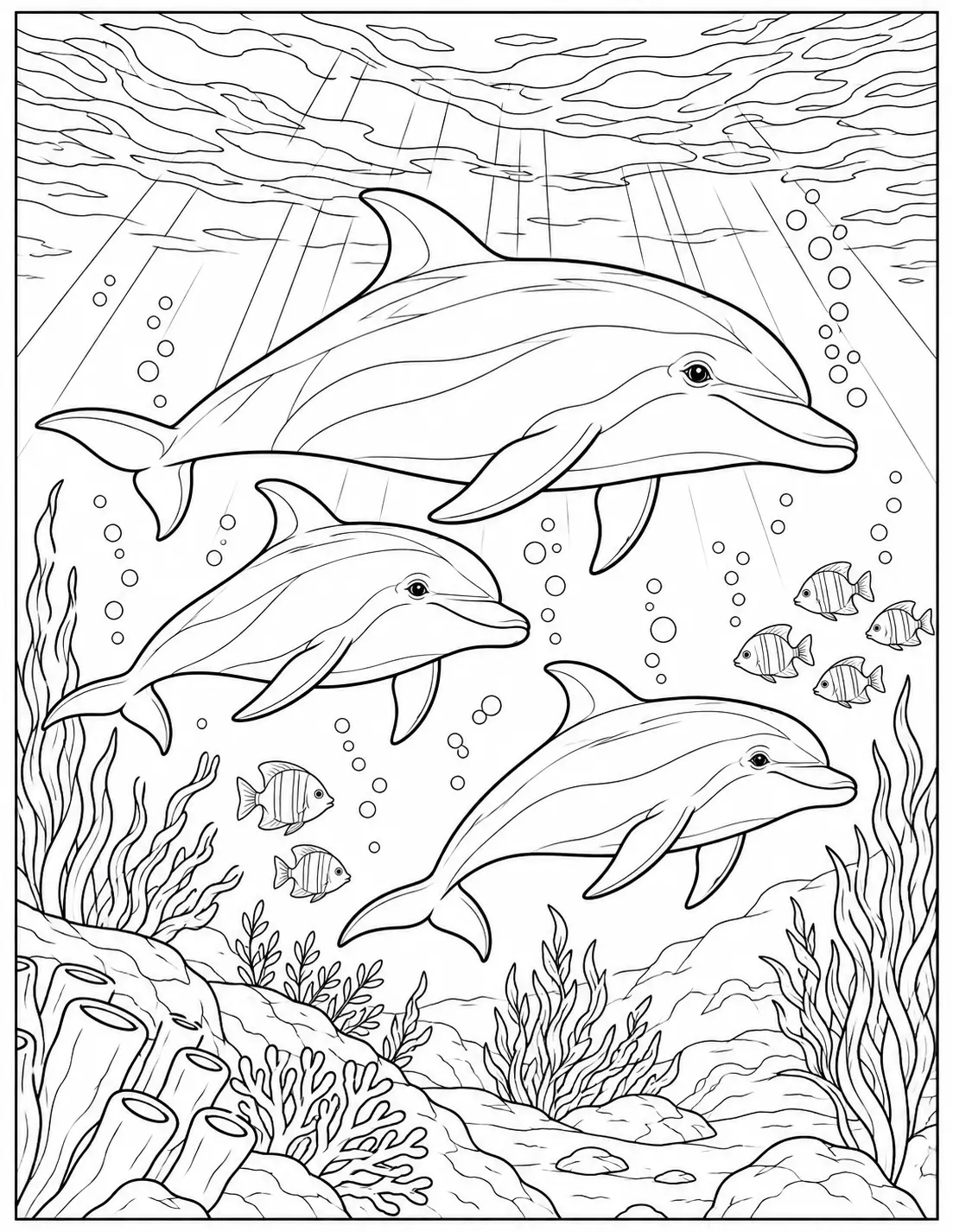 Dolphins swimming under ocean waves coloring page