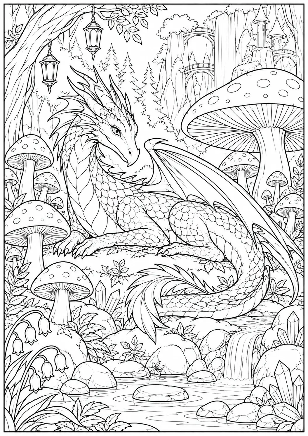 Dragon in the mushroom forest coloring page