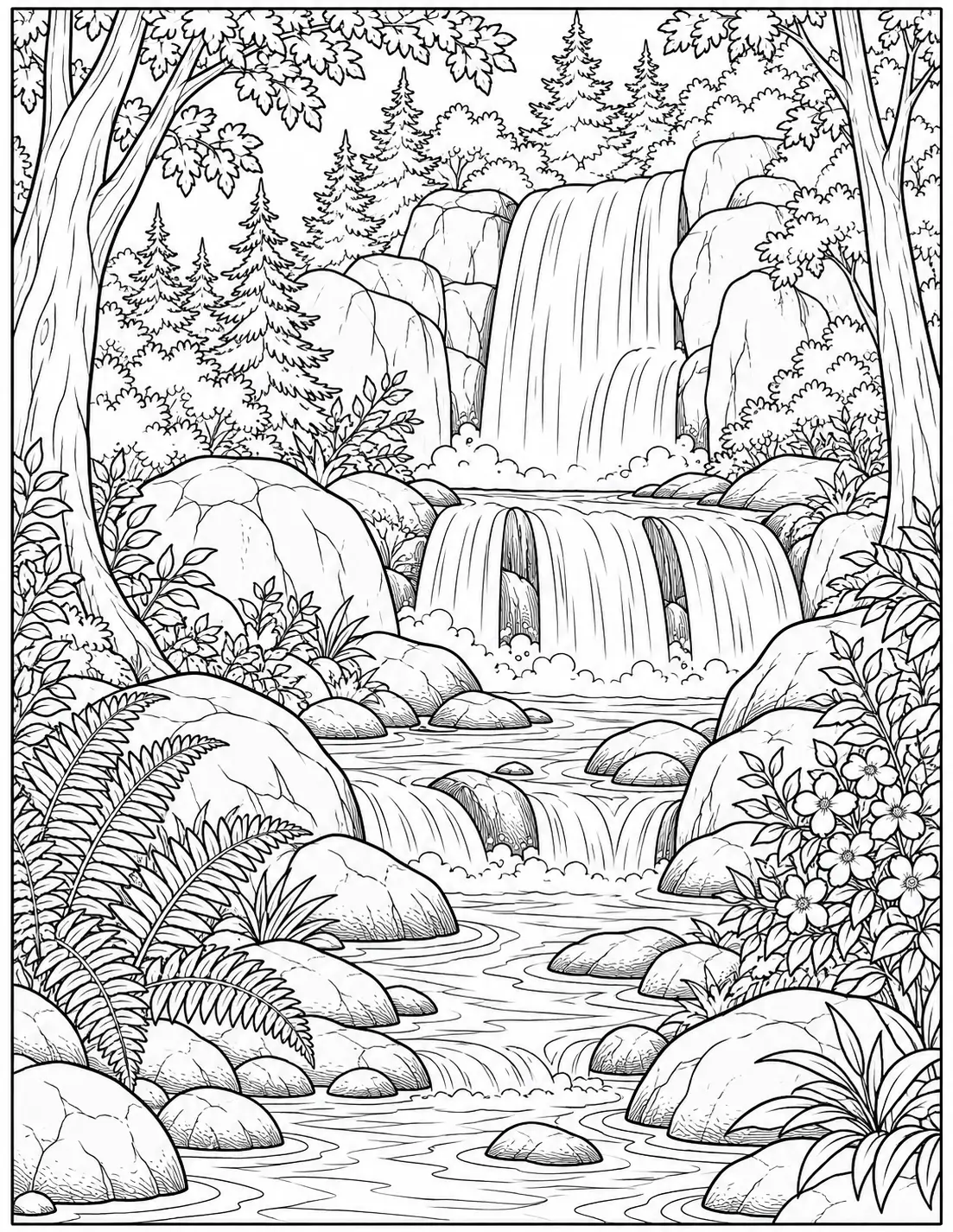 Forest waterfall landscape coloring page
