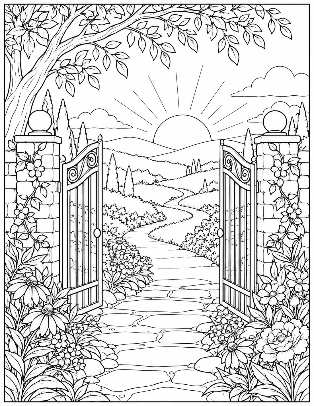 Garden gateway at sunrise recovery coloring page