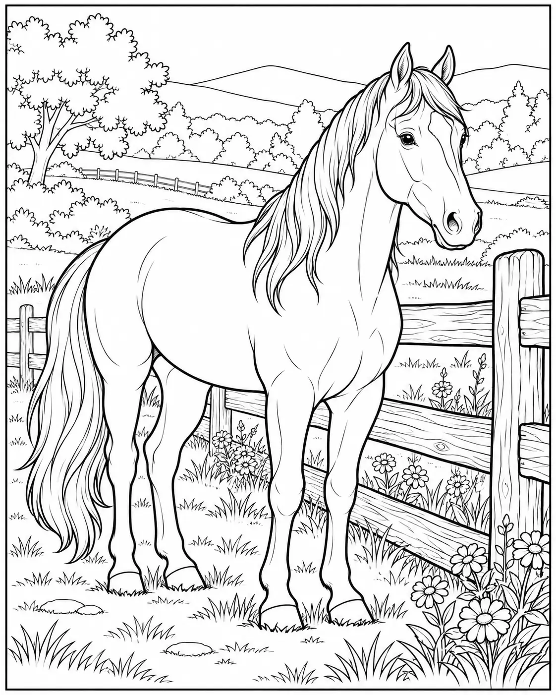 Horse standing beside a wooden fence coloring page