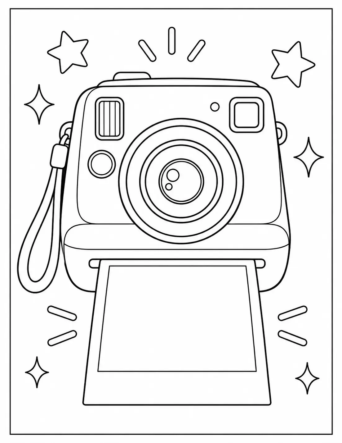 Instant camera coloring page with a photo coming out