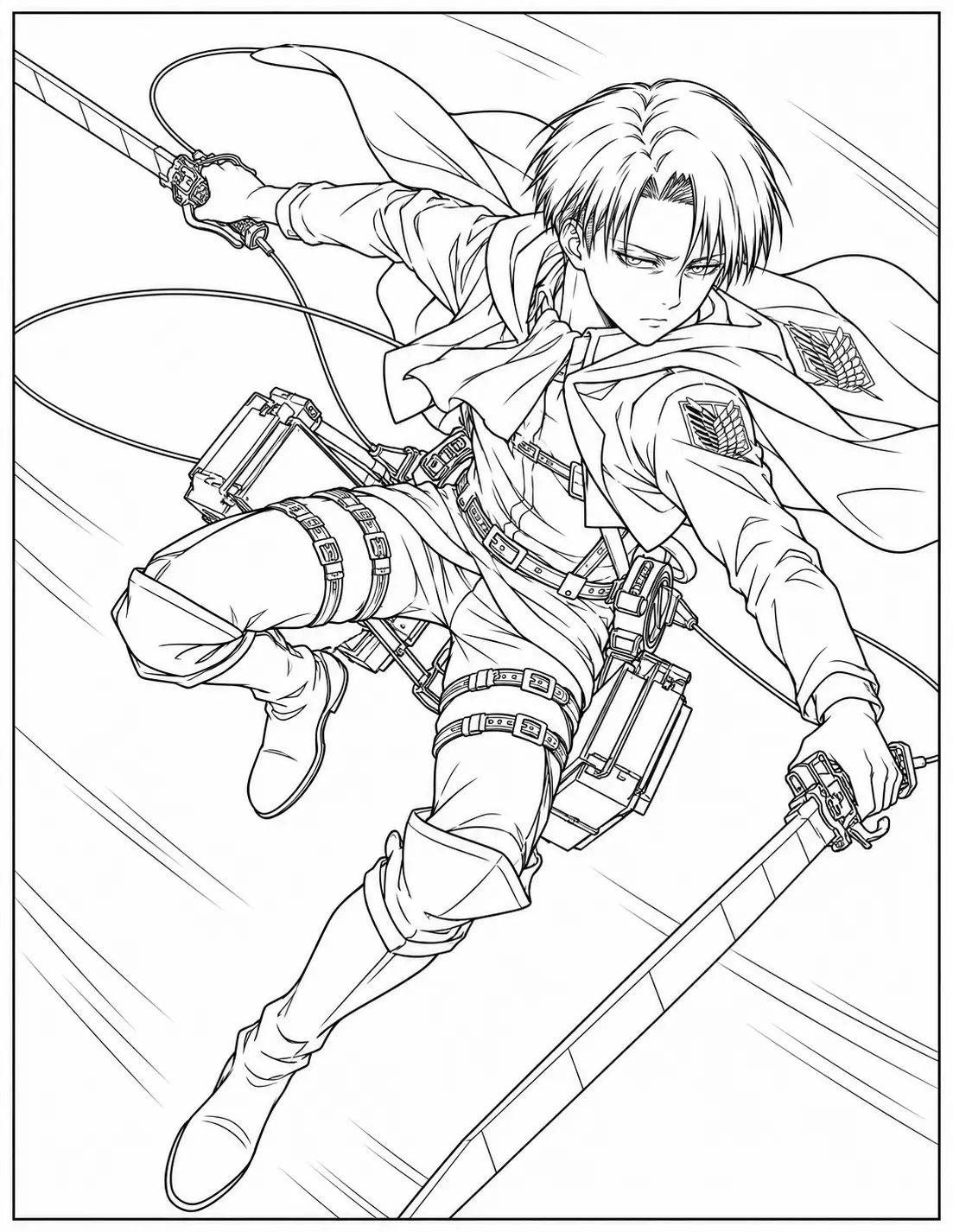 Levi Ackerman in an ODM gear action scene coloring page