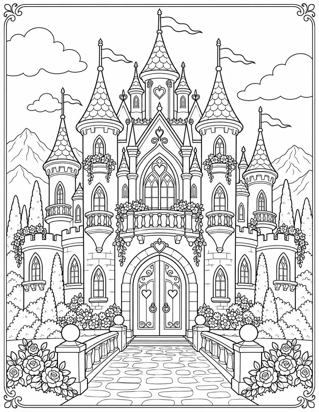 Princess castle with heart details, balconies and flower gardens coloring page