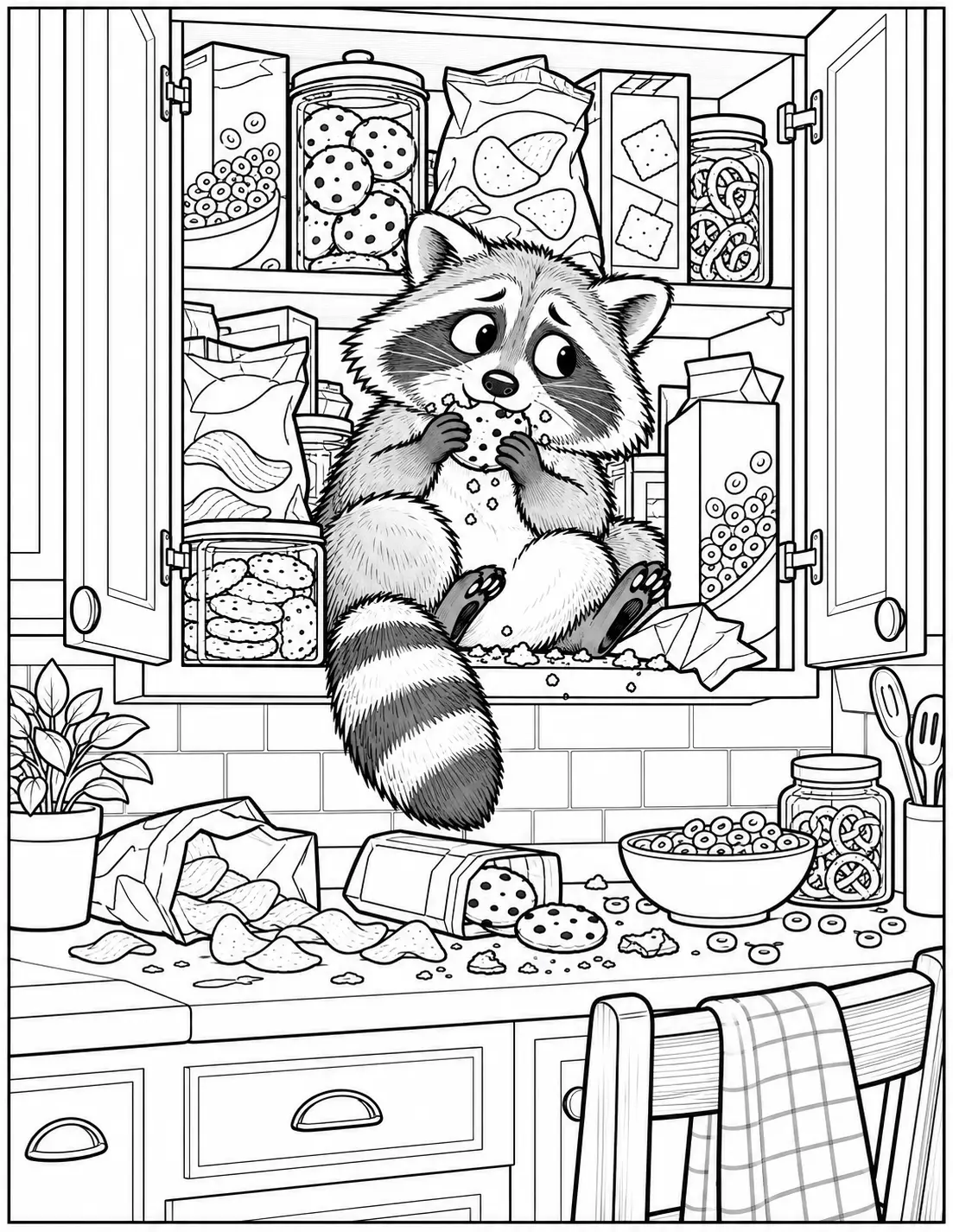 Funny adult coloring page of a raccoon raiding a kitchen snack cabinet