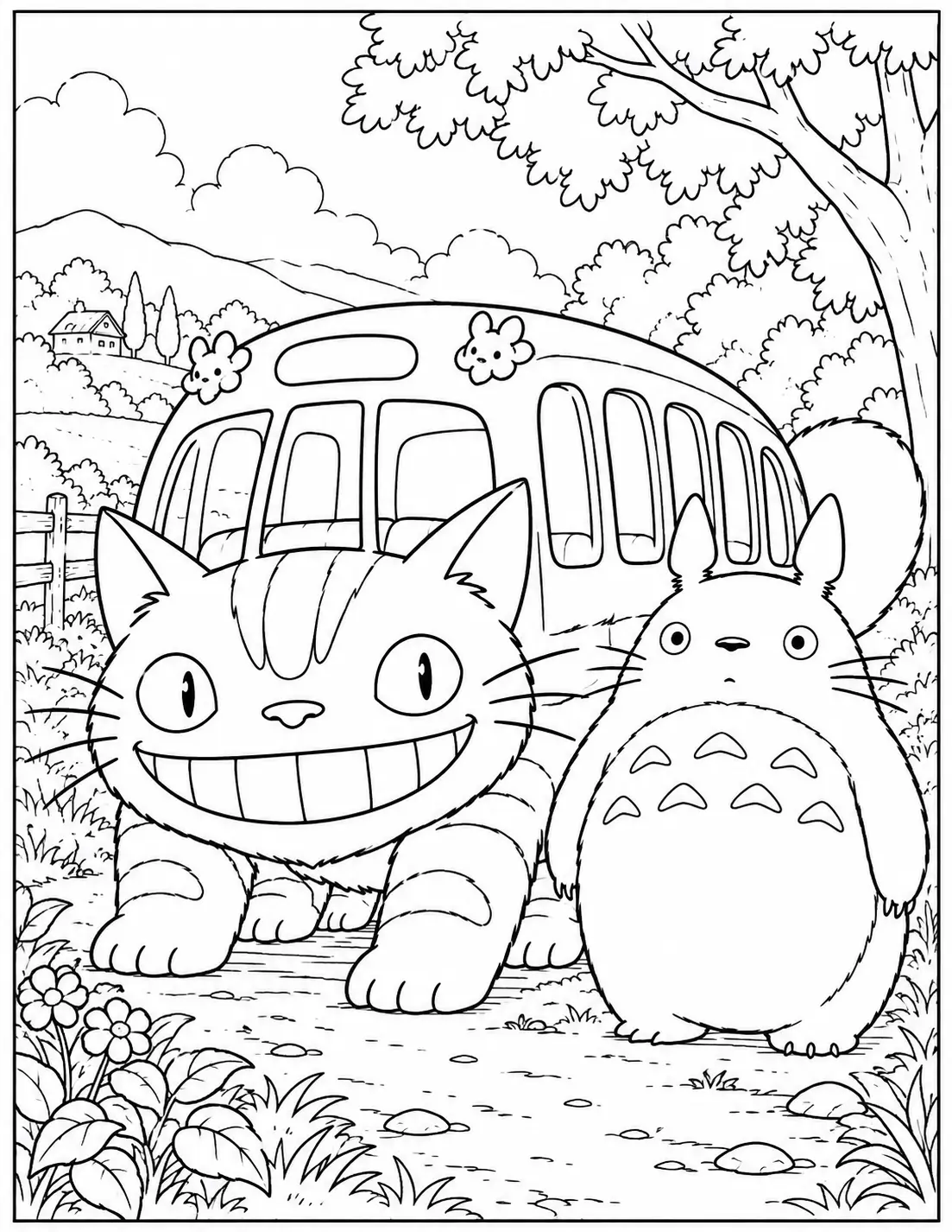 Totoro standing beside the Catbus in the countryside coloring page