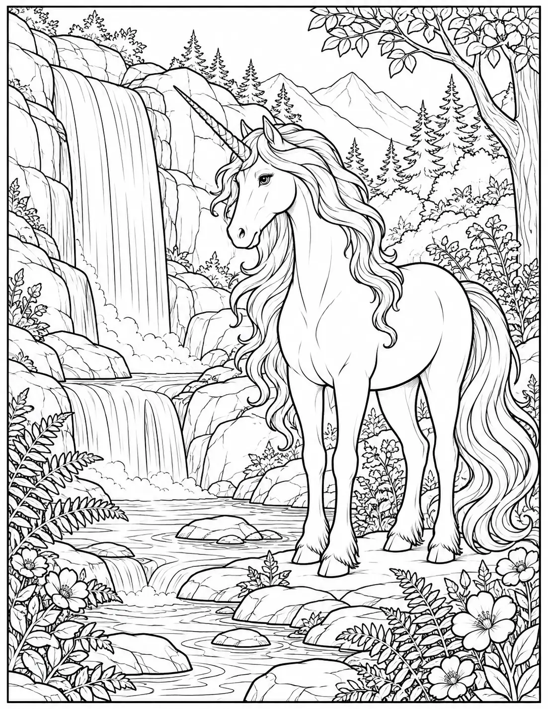 Unicorn beside a waterfall in a mountain forest coloring page for adults