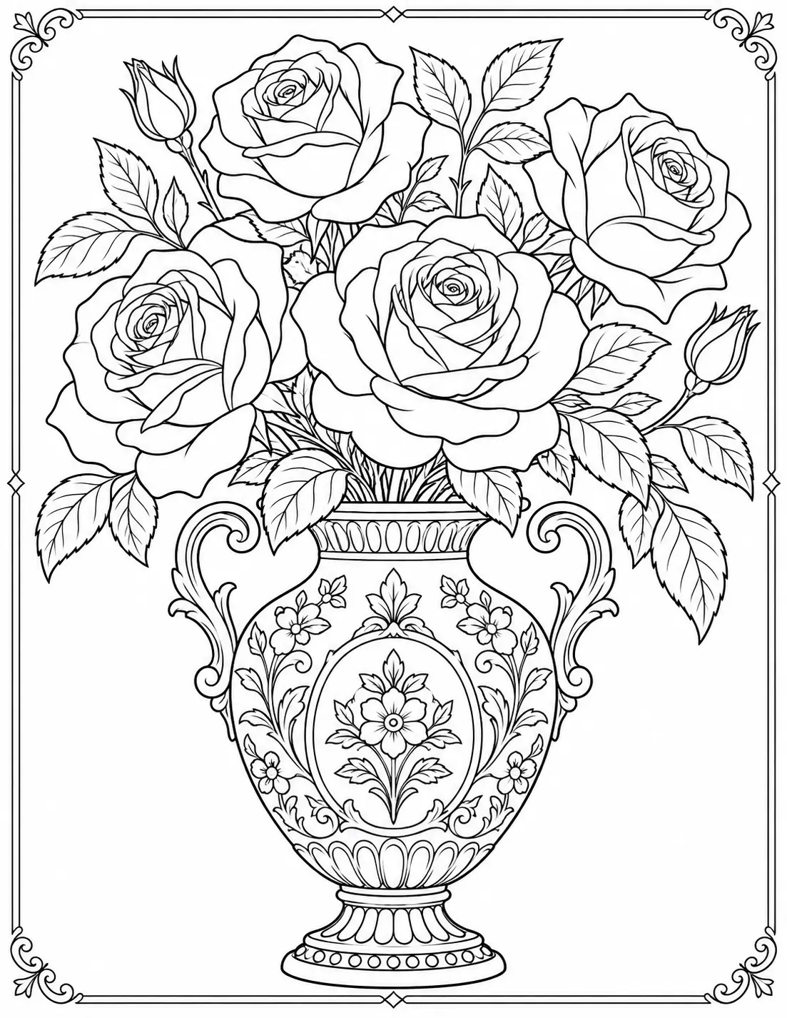 Roses in a vintage vase coloring page for adults