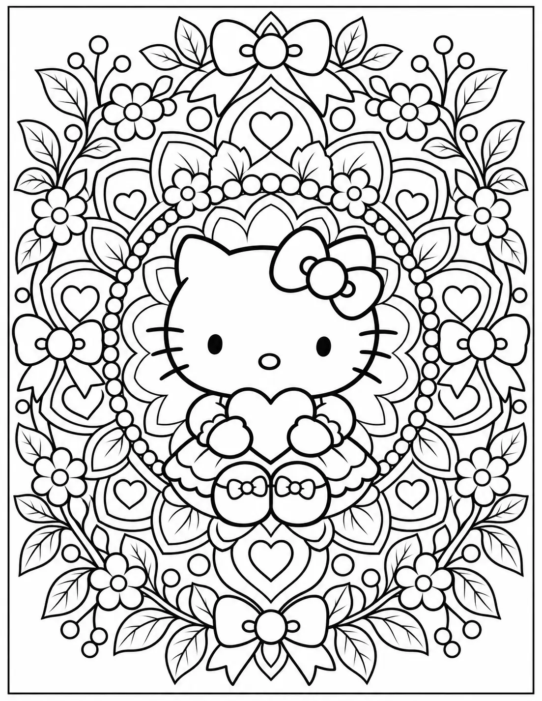 Hello Kitty floral mandala coloring page for adults