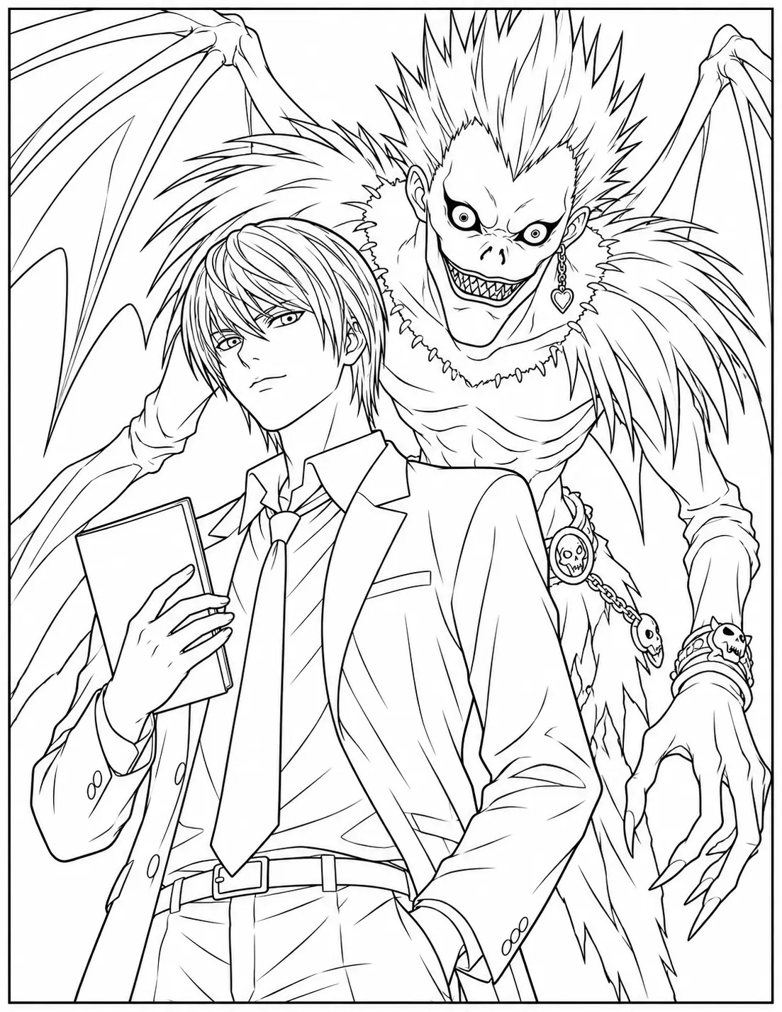 Light Yagami standing with Ryuk behind him coloring page