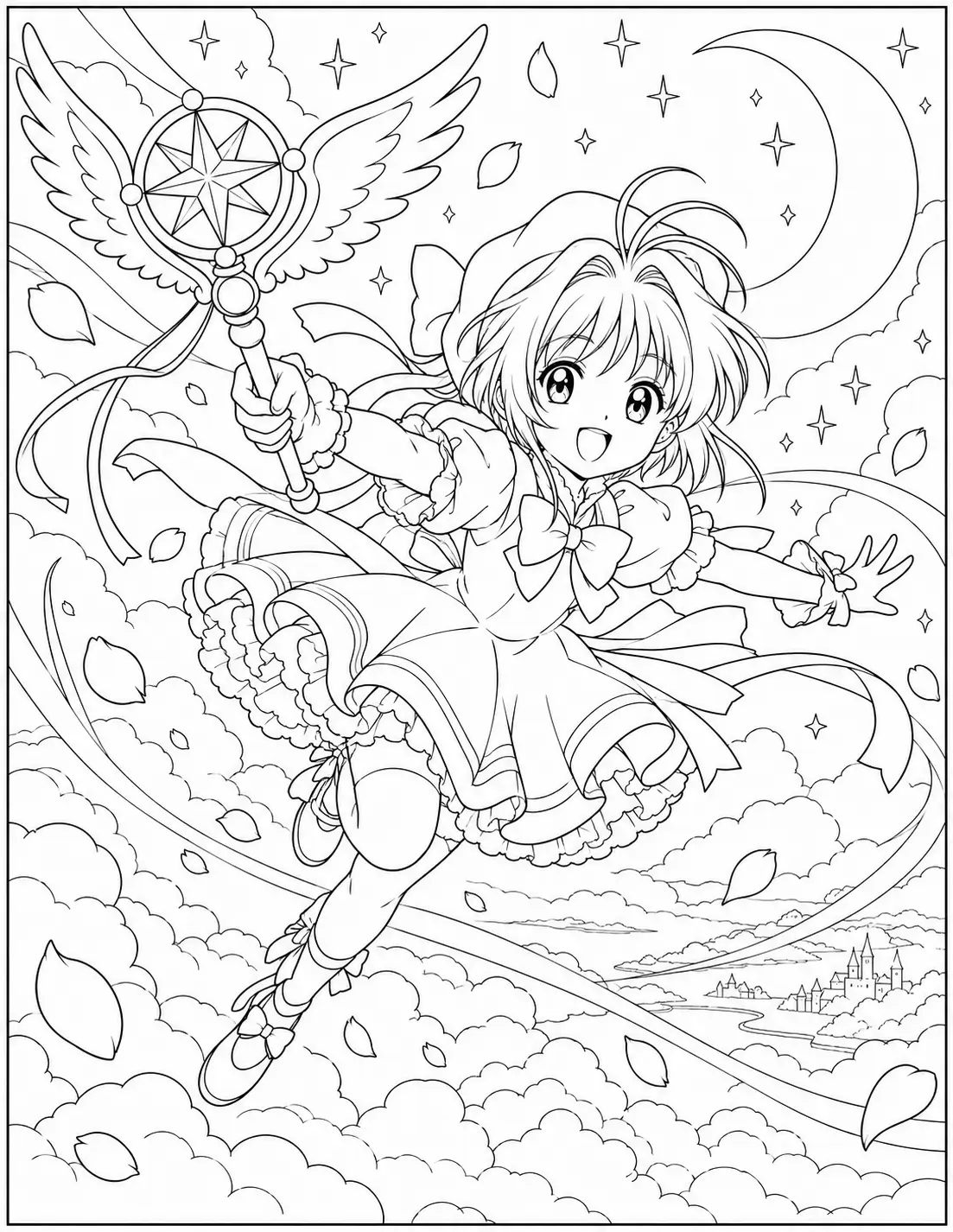 Sakura flying through the sky with her winged wand, clouds and moon