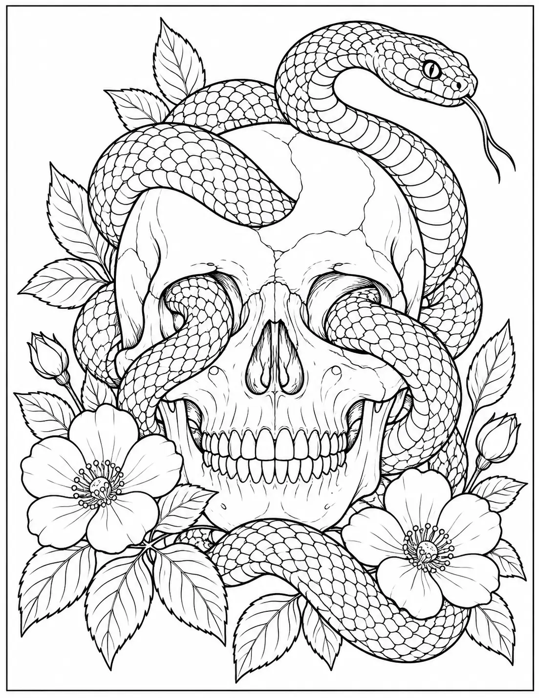 Snake and skull coloring page for adults