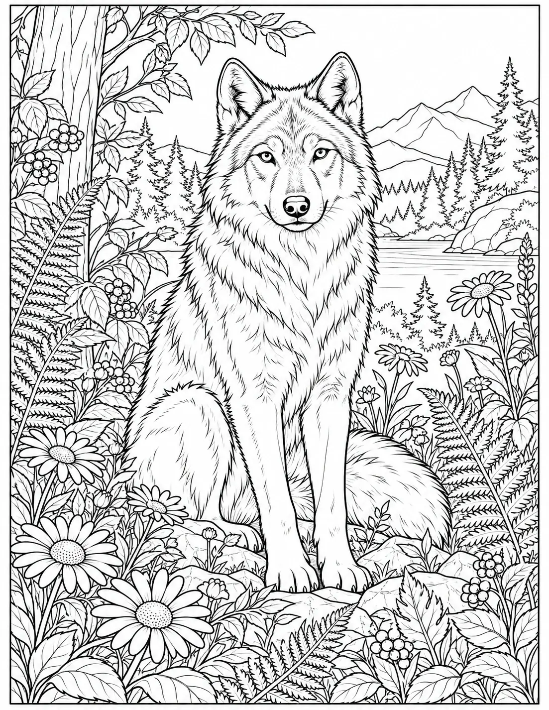 Wolf sitting among wildflowers, ferns and mountain scenery coloring page