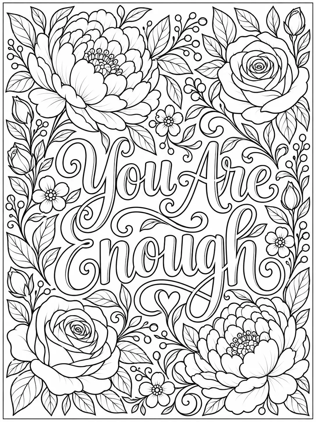 You Are Enough quote coloring page surrounded by roses and flowers