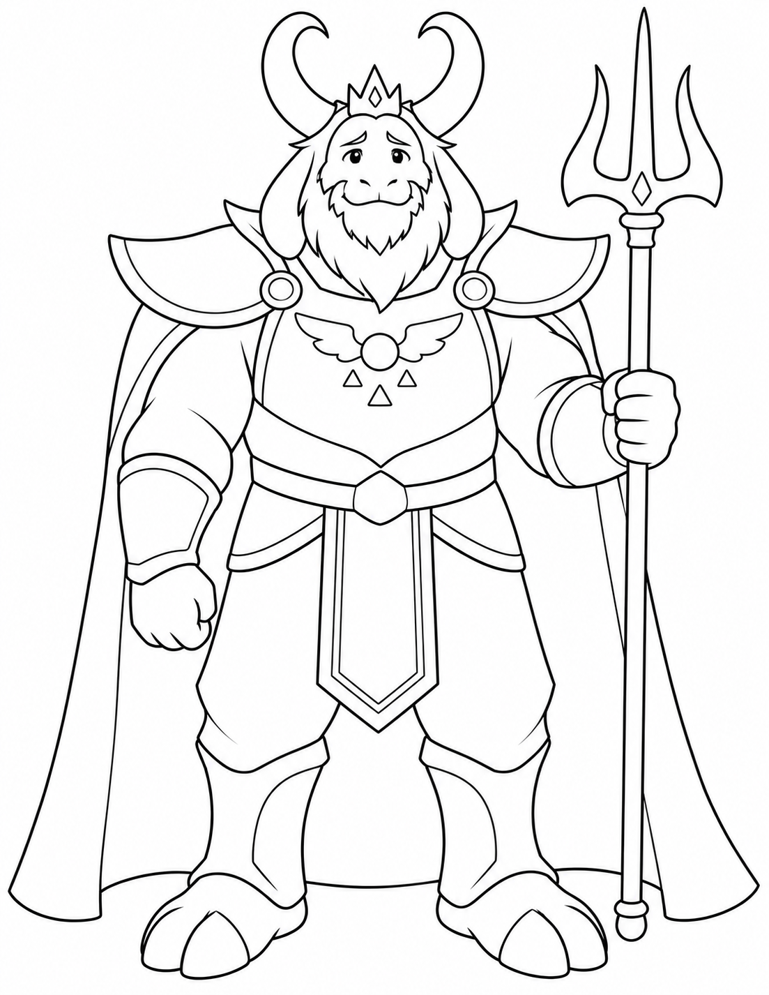 Asgore Undertale coloring page with royal armor, cape and trident