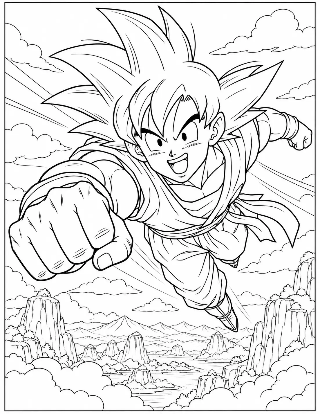 Goku flying over mountains and clouds coloring page