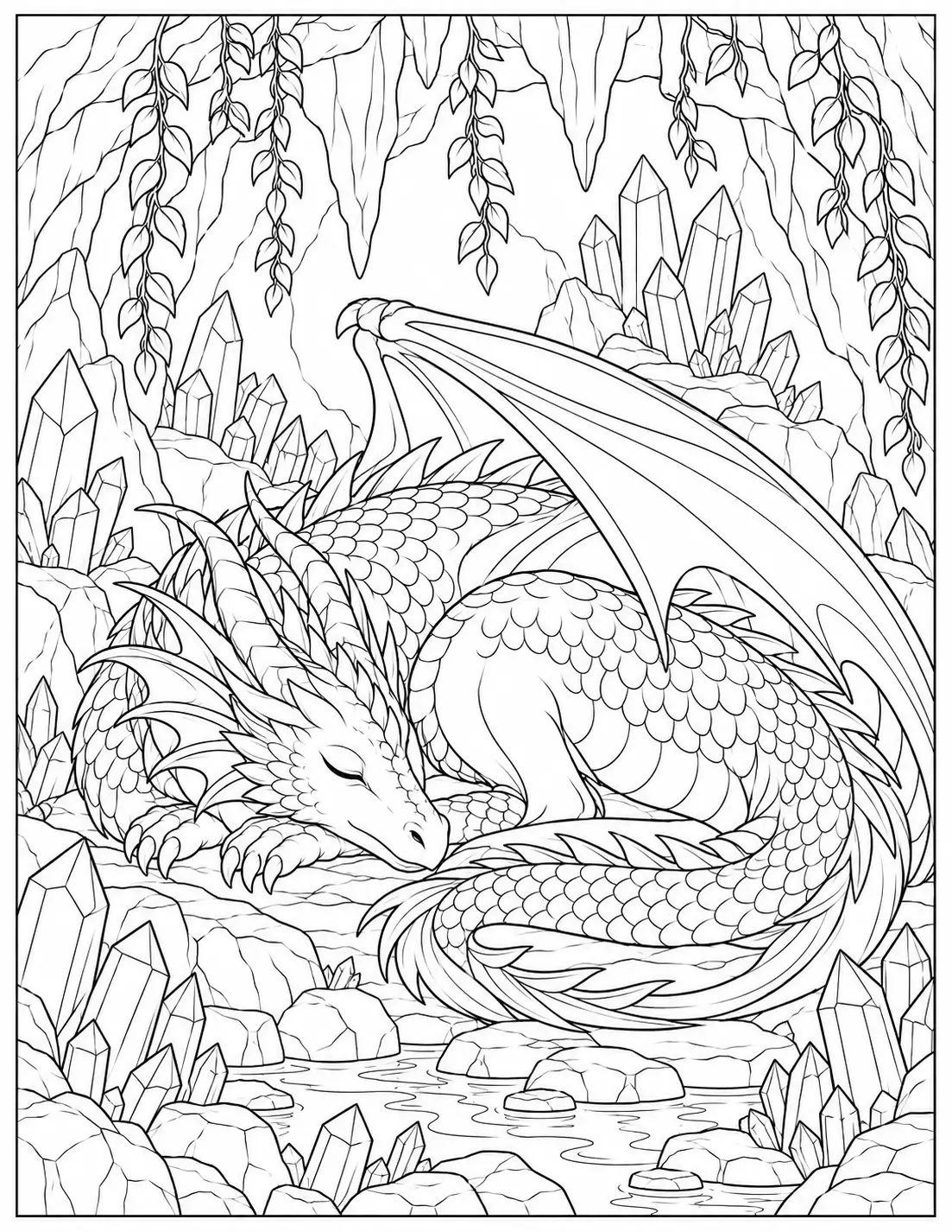 Sleeping Dragon in a Crystal Cave coloring page for adults