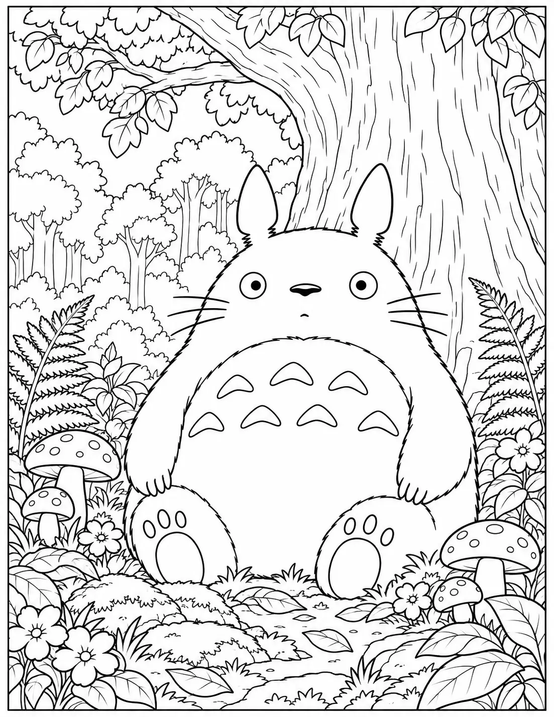 Big Totoro sitting under a forest tree with mushrooms and flowers coloring page