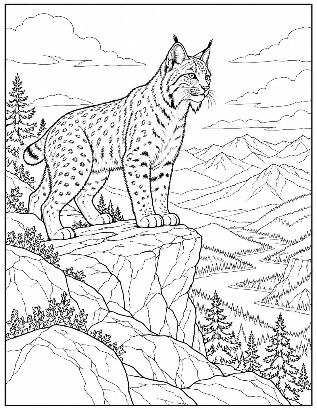 Bobcat standing on a mountain ledge above a valley coloring page