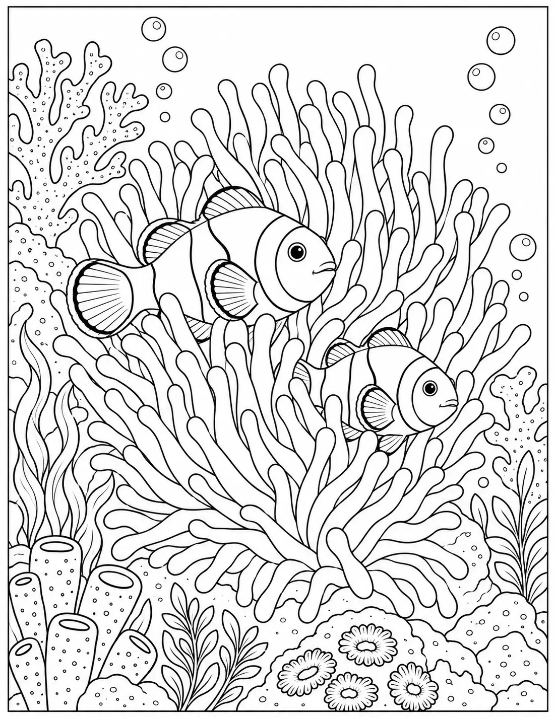 Clownfish swimming in a sea anemone coloring page for adults