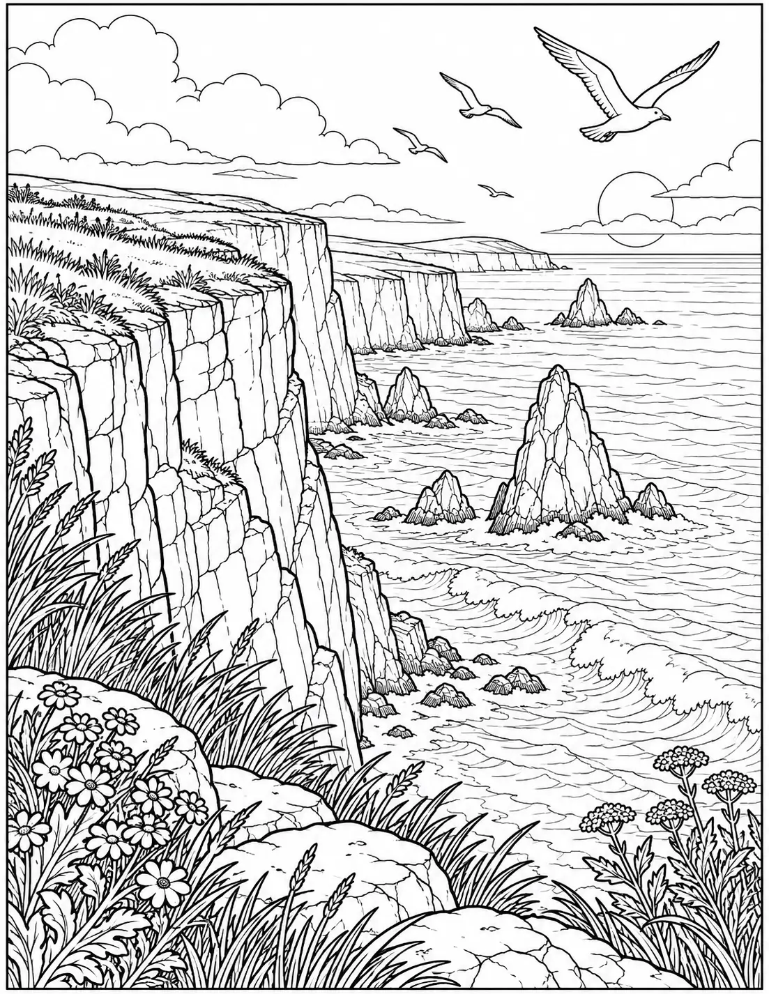 Coastal cliffs landscape coloring page