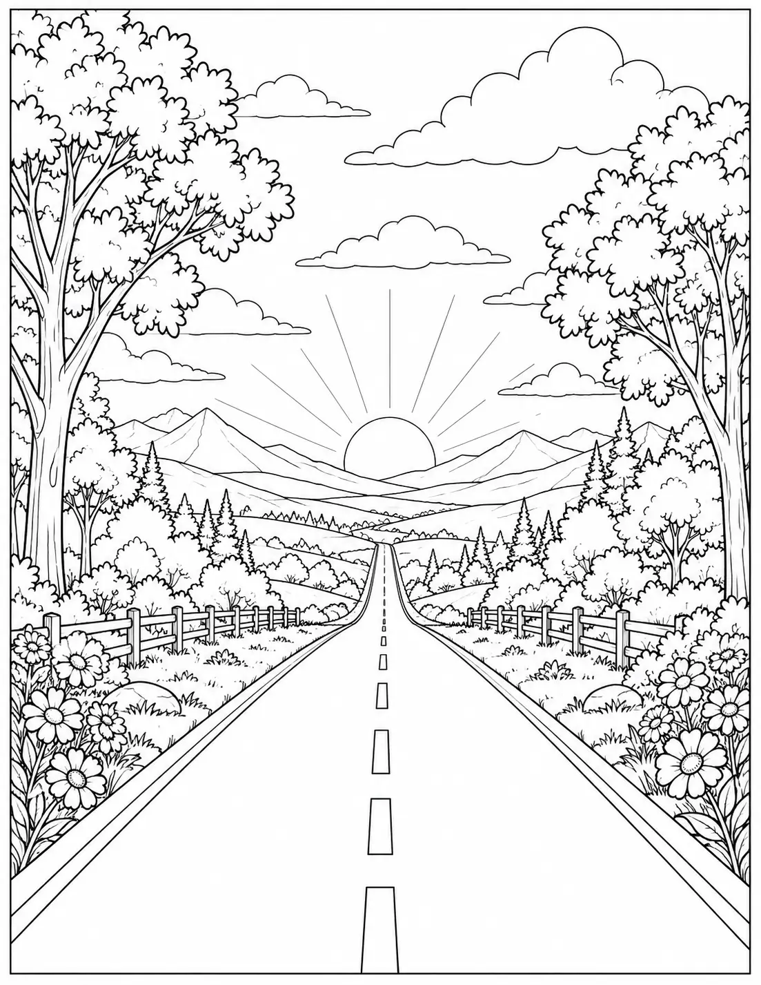 Countryside road toward sunrise recovery coloring page