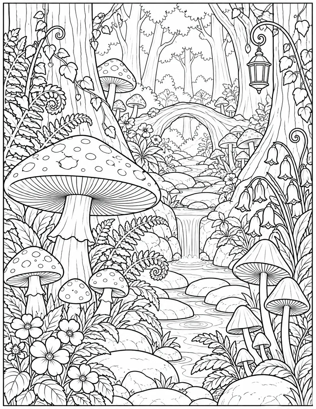 Enchanted mushroom forest coloring page for adults