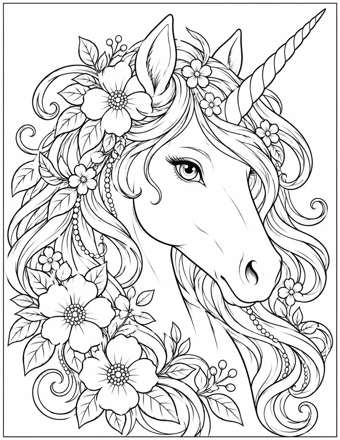 Floral unicorn portrait with flowers and a flowing mane coloring page for adults