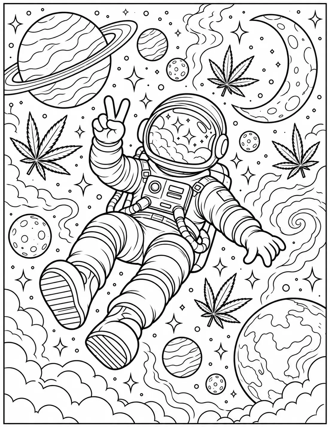 Astronaut floating in space with cannabis leaves coloring page