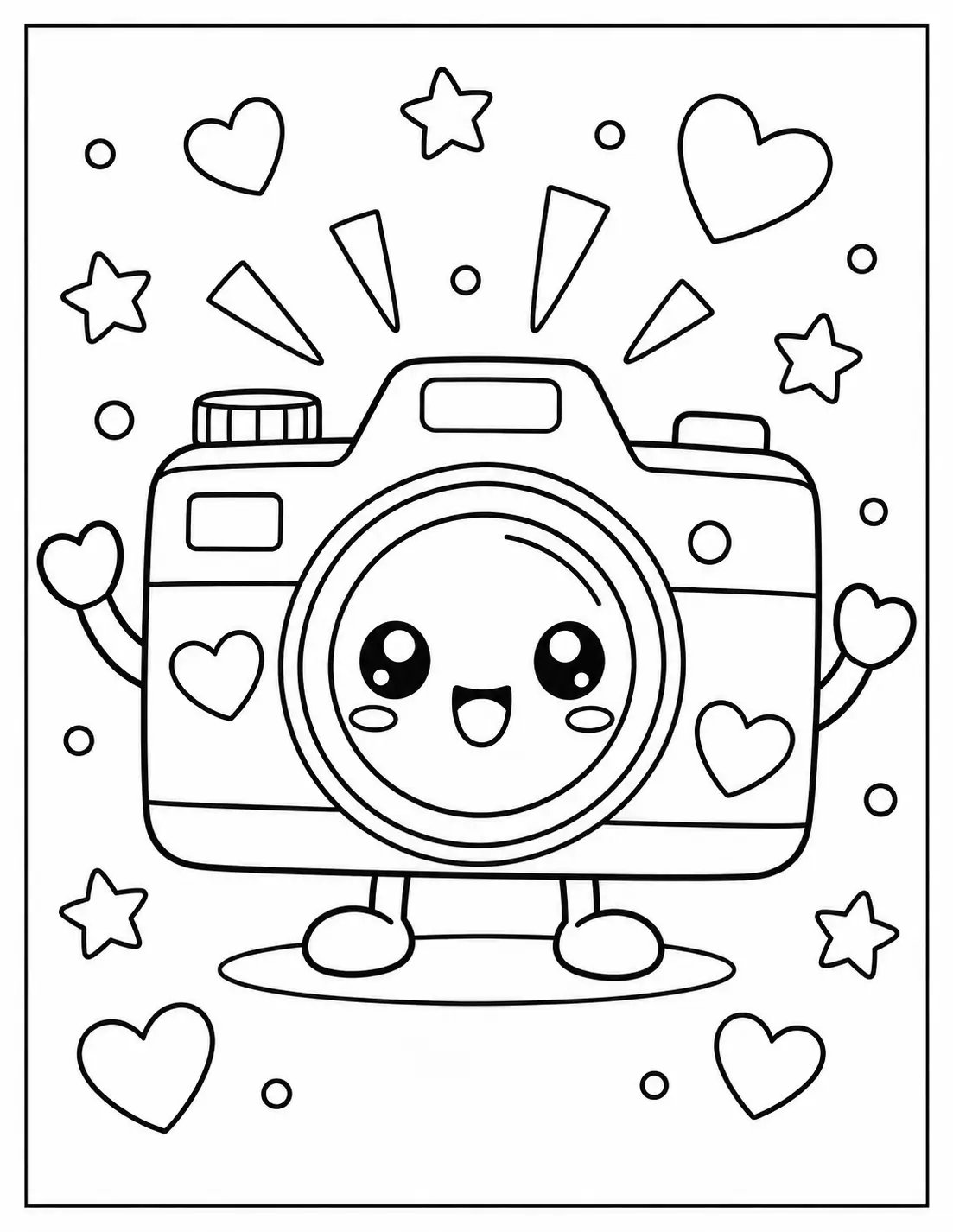 Cute smiling camera coloring page with hearts and stars