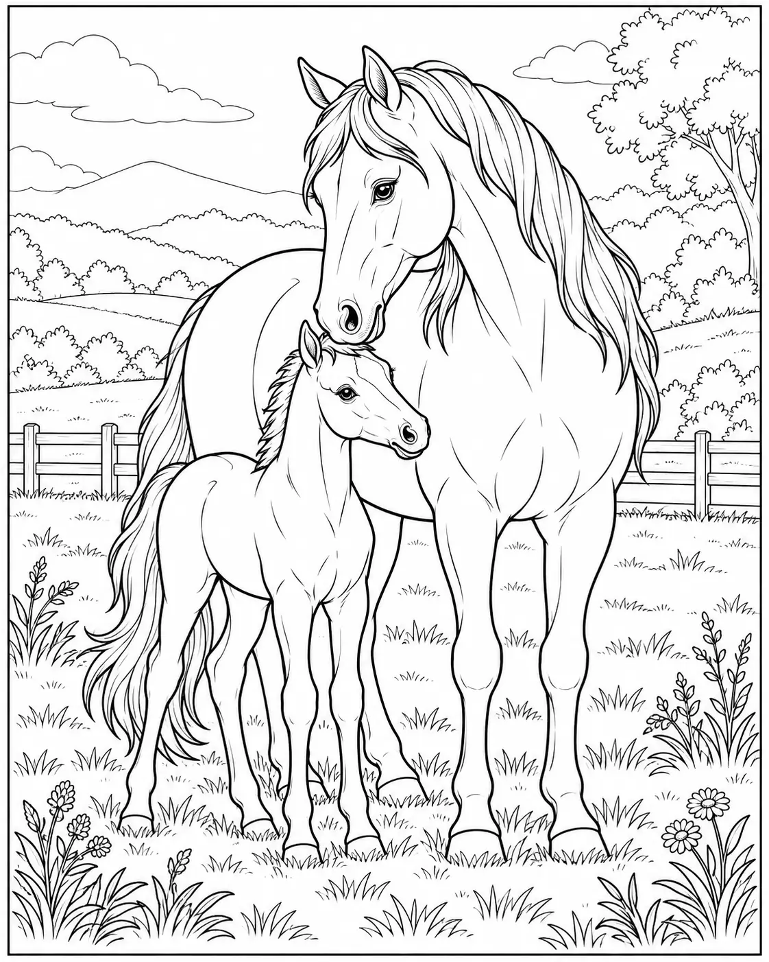 Mare standing with her foal in a pasture coloring page