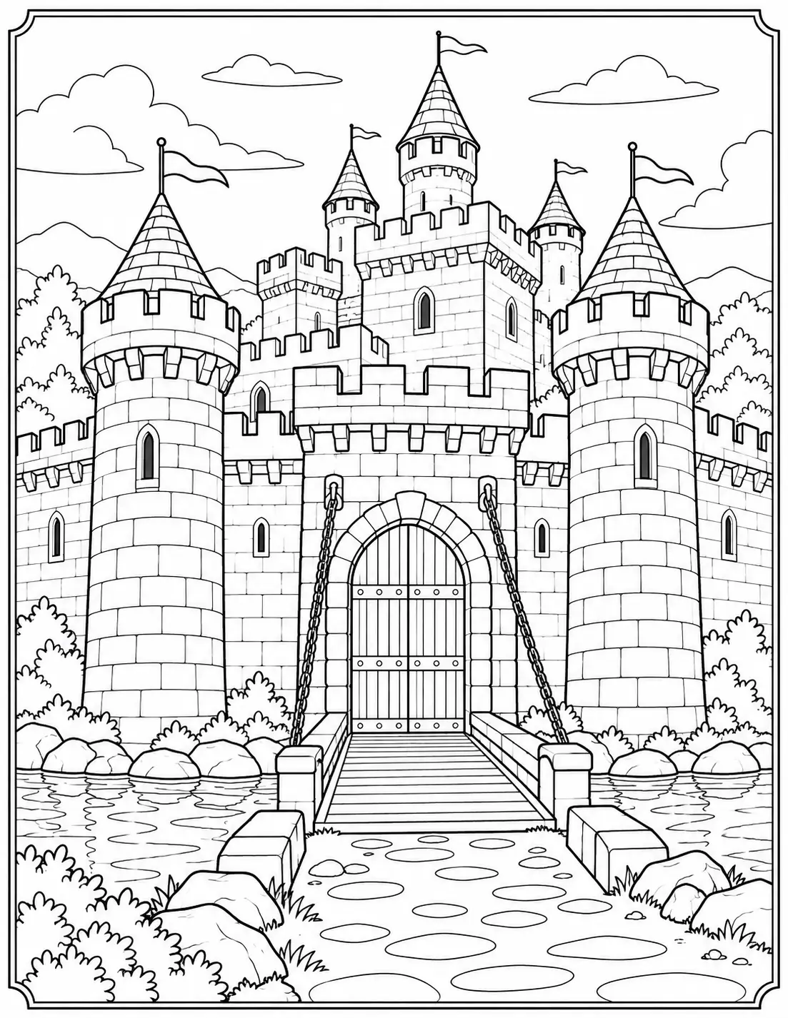 Medieval stone castle with battlements, drawbridge and fortified towers coloring page