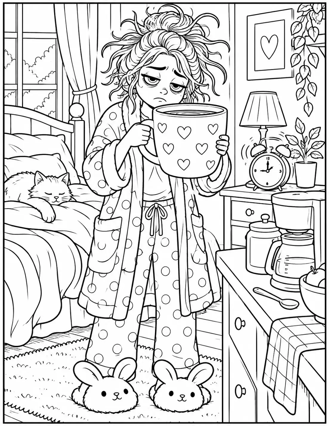 Funny adult coloring page of a sleepy woman holding an oversized morning coffee