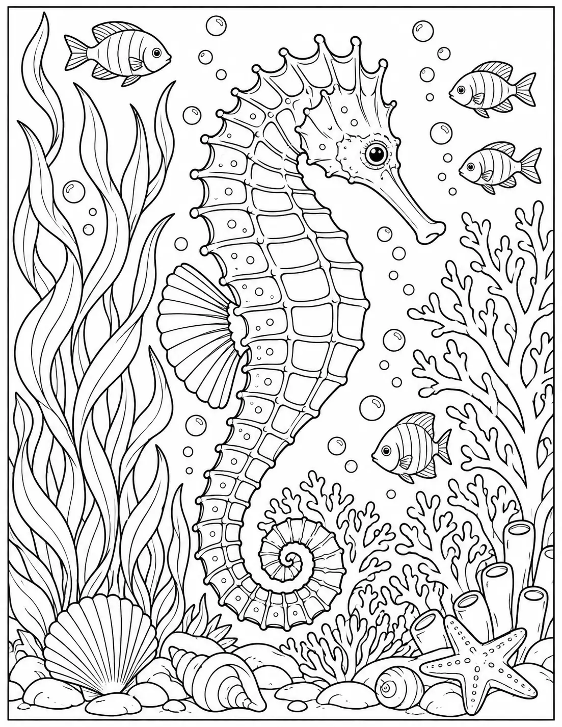 Seahorse surrounded by coral and sea plants coloring page