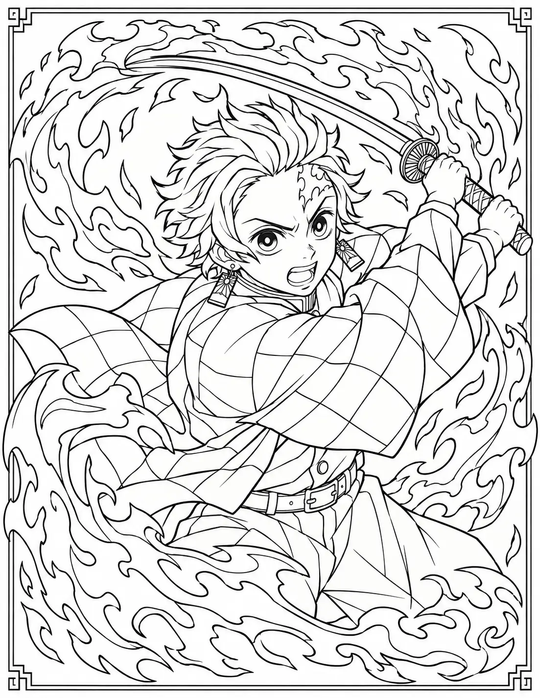 Tanjiro Kamado using Hinokami Kagura with flame sword coloring page
