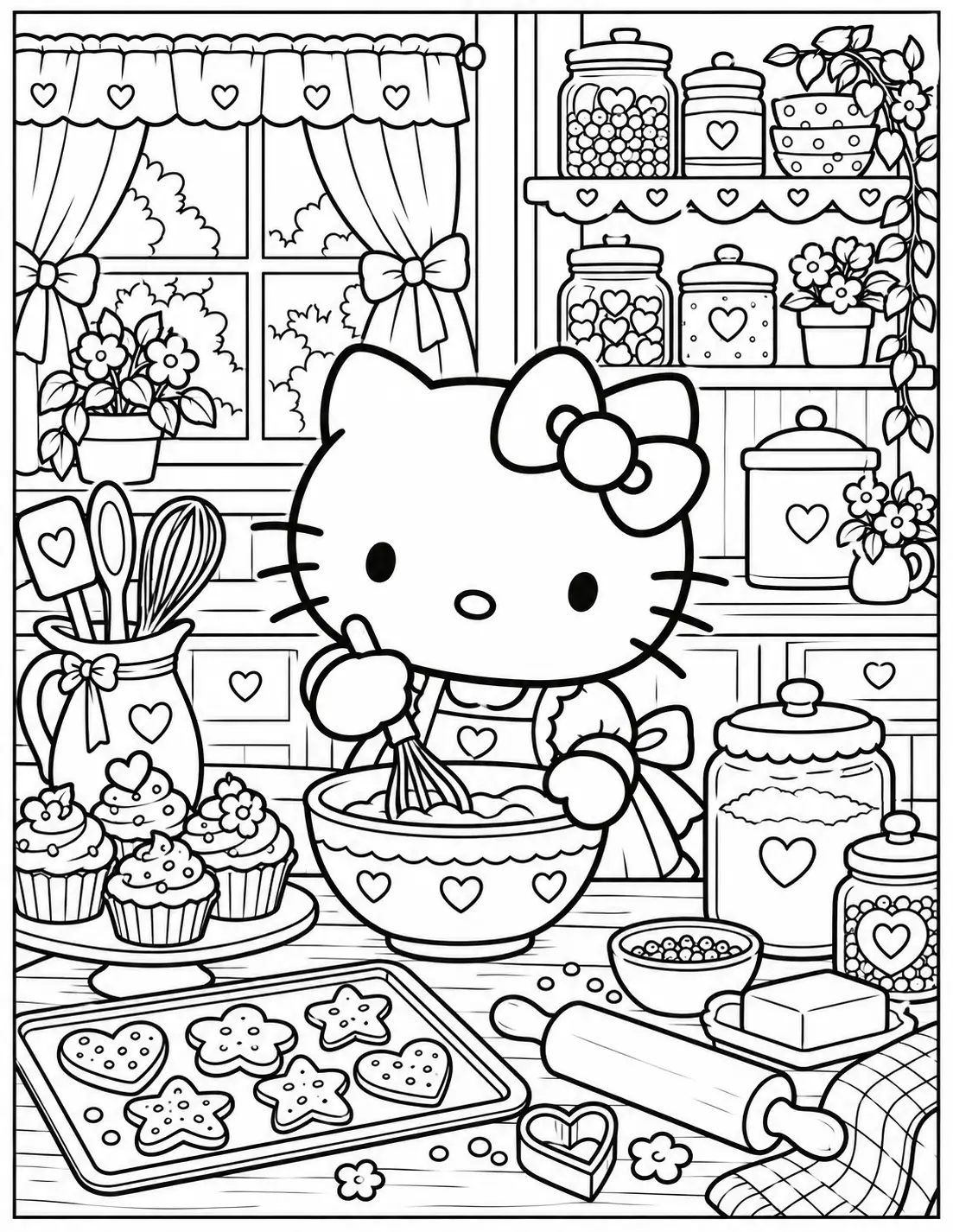 Hello Kitty baking in a kitchen coloring page for adults